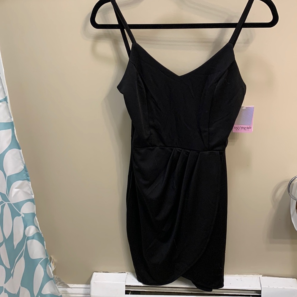 Black V neck draped body con mini dress